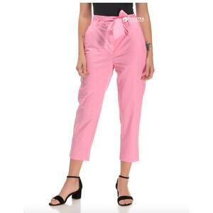 ZARA Pink Belted High Waist Crop Trousers Pants 100% Cotton Ankle 7385/254 XS